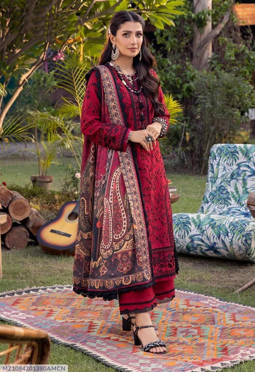3 PCS WOMENS UNSTITCHED EMBROIDERED SUIT .