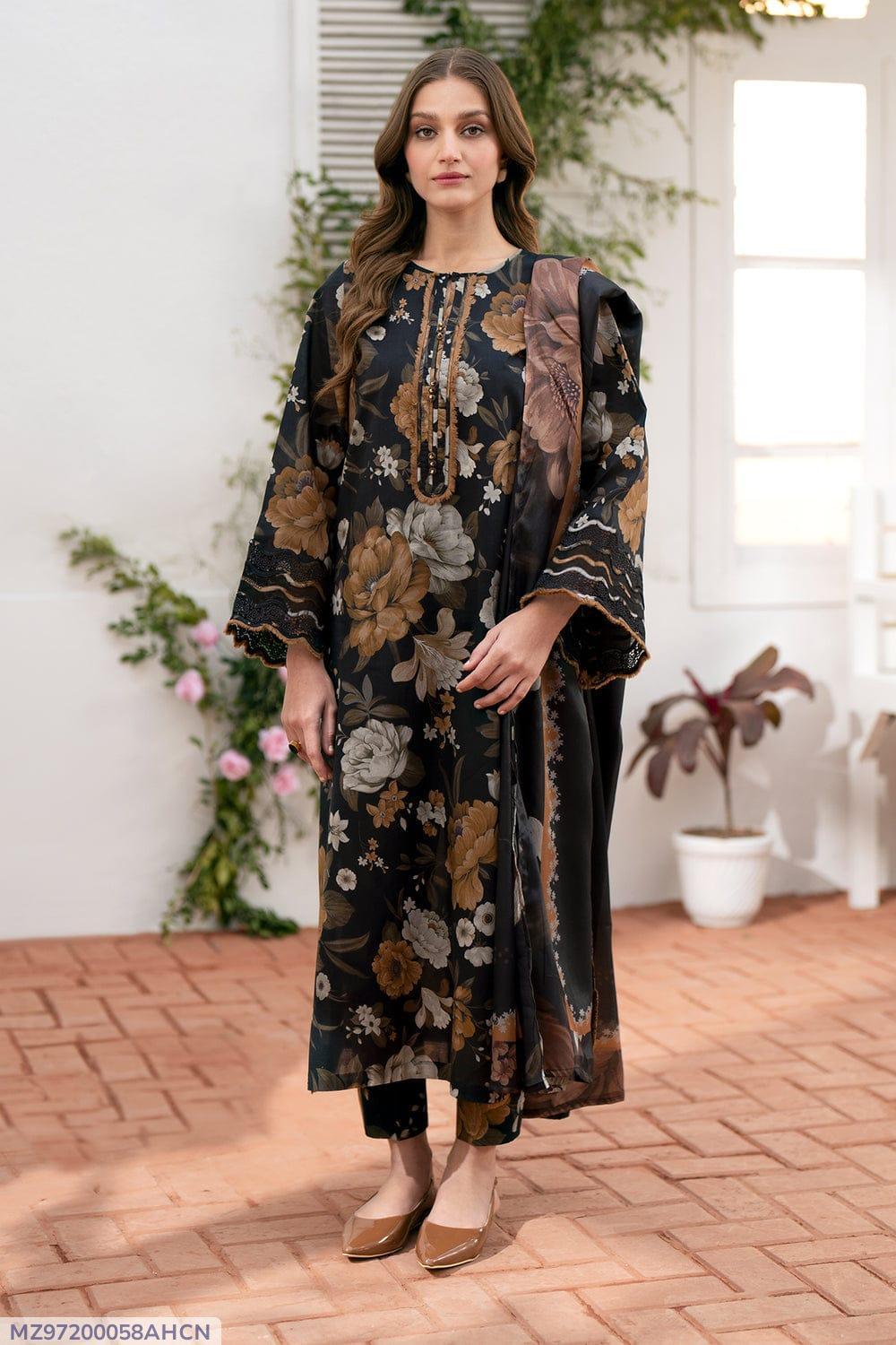 3 PCS WOMENS UNSTITCHED EMBROIDERED SUIT .