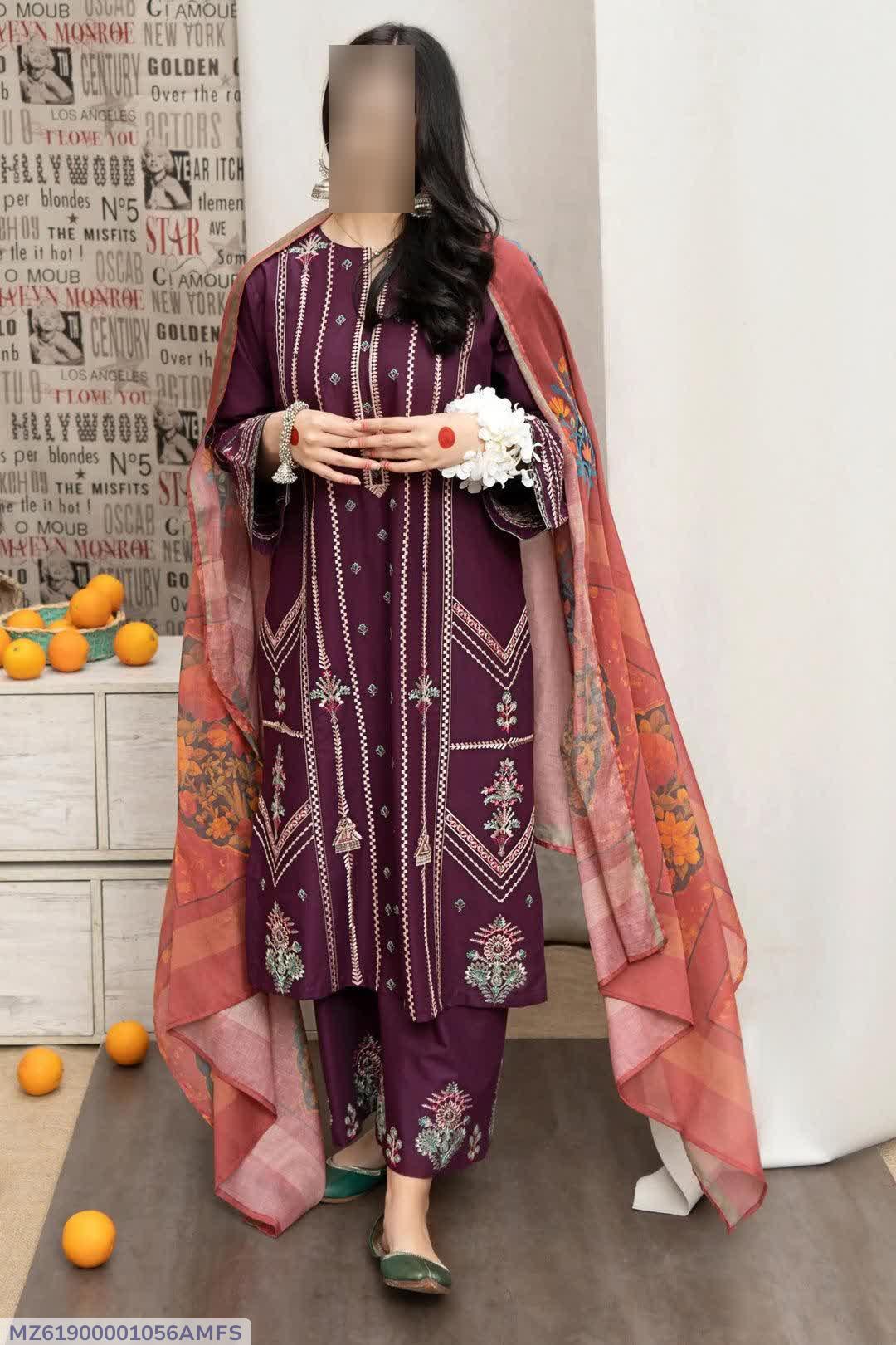 3 PCS WOMENS UNSTITCHED EMBROIDERED SUIT.