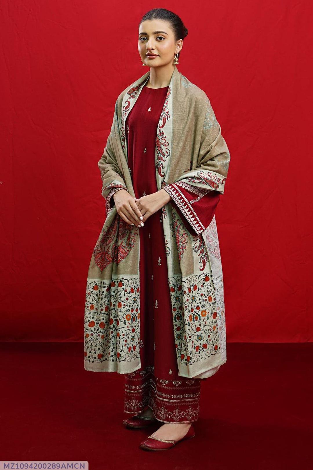 3 PCS WOMENS UNSTITCHED EMBROIDERED SUIT .