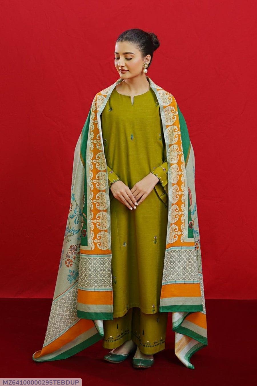 3 PCS WOMENS UNSTITCHED EMBROIDERED SUIT .