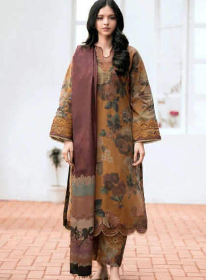 3 PCS WOMENS UNSTITCHED EMBROIDERED SUIT .