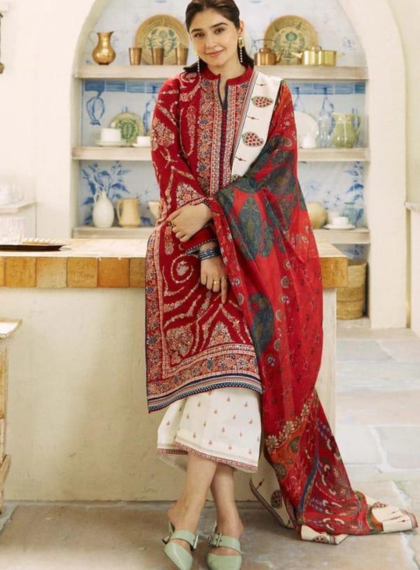 3 PCS WOMENS UNSTITCHED EMBROIDERED SUIT .