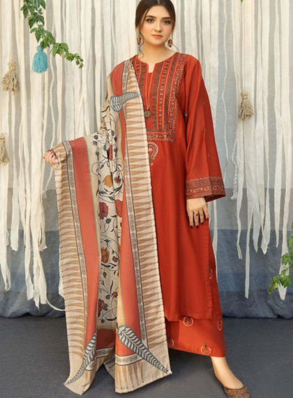 3 PCS WOMENS UNSTITCHED EMBROIDERED SUIT .