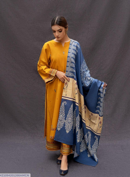 3 PCS WOMENS UNSTITCHED EMBROIDERED SUIT .