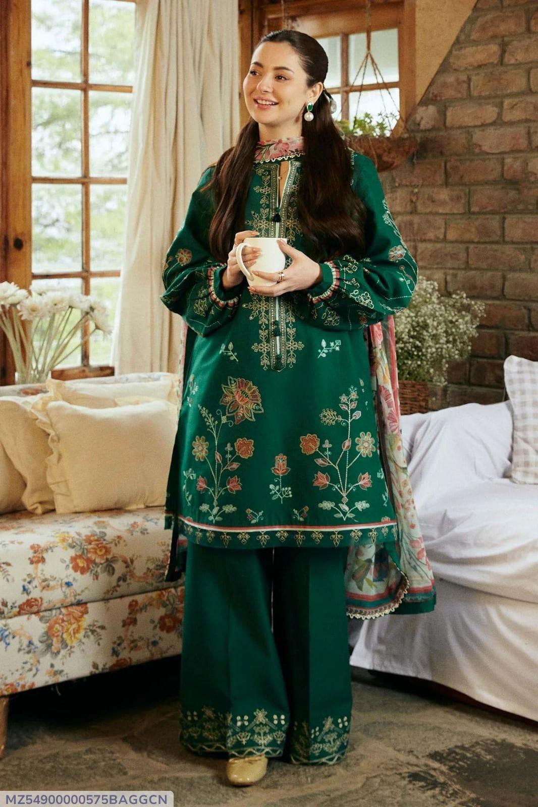 3 PCS WOMENS UNSTITCHED EMBROIDERED SUIT .