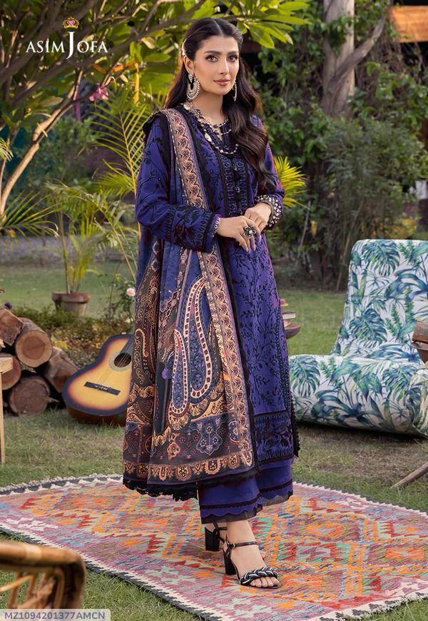 3 PCS WOMENS UNSTITCHED EMBROIDERED SUIT .