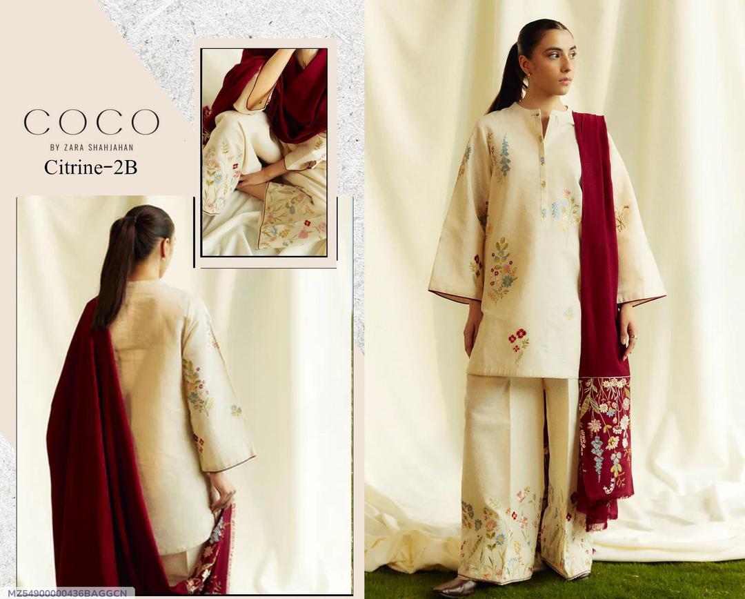 3 PCS WOMENS UNSTITCHED EMBROIDERED SUIT .