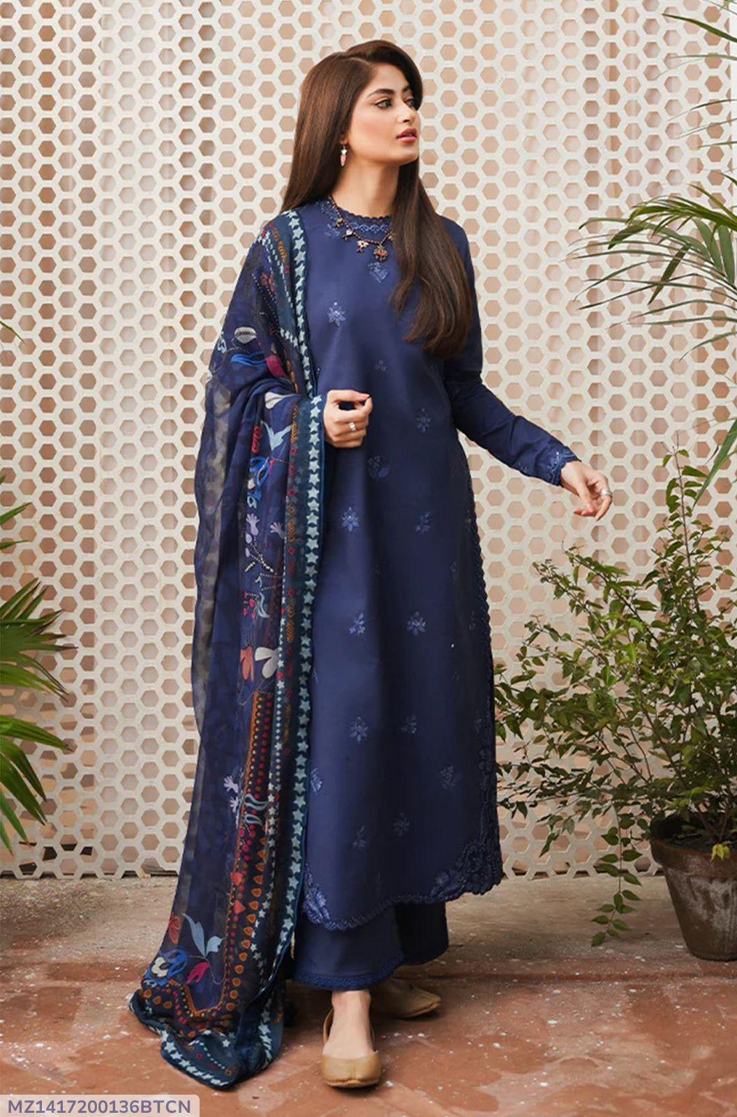 3 PCS WOMENS UNSTITCHED EMBOIDERED SUIT .