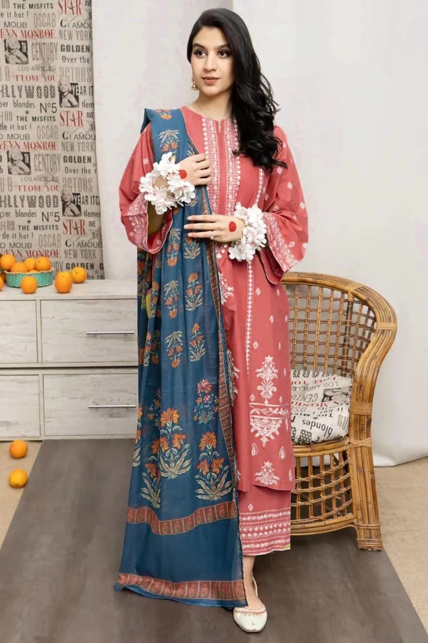 MB ZJC-940 Illustrated 3pc Unstitched Dhanak embroidered Suit
