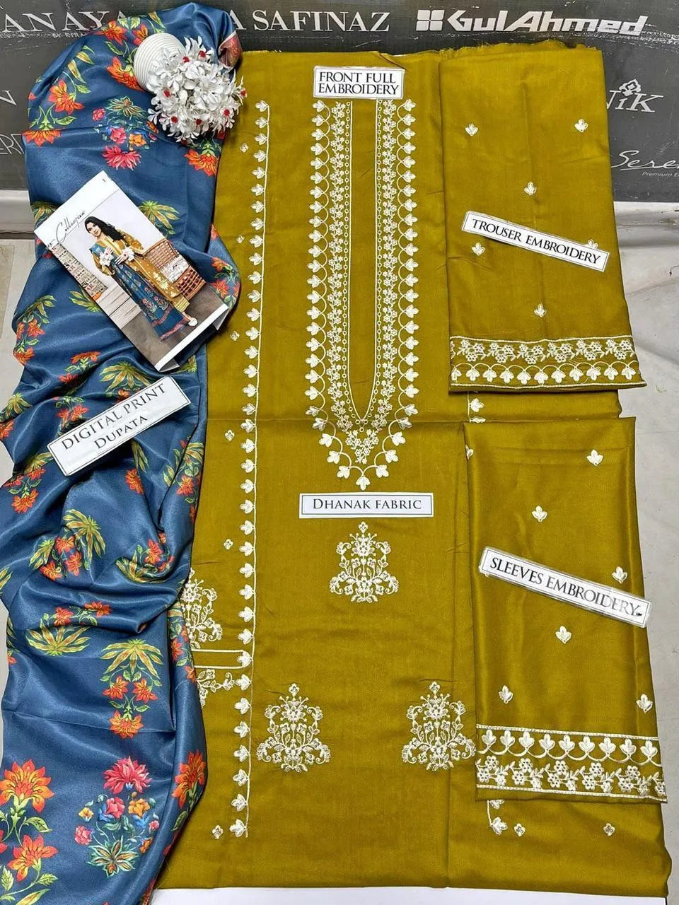 WXT-592 Finely Made 3pc Unstitched Dhanak Embroidered Suit