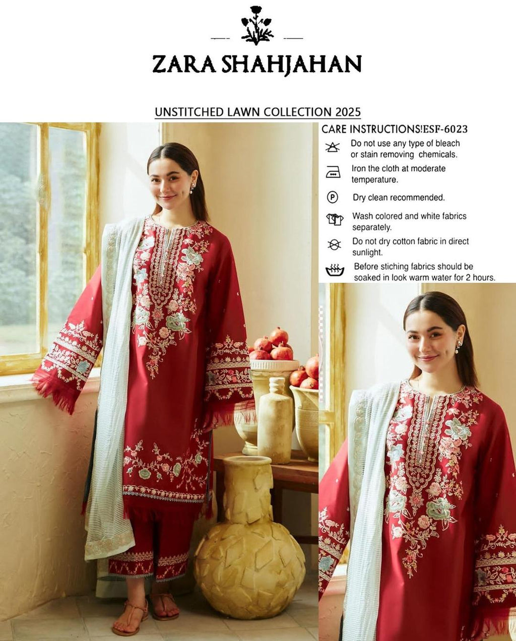 ZARASHAHJAHAN ZJE205 Red 3pc Unstitched Dhanak EMBROIDERED SUIT .