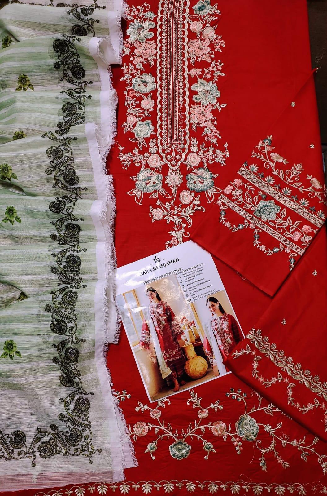 ZARASHAHJAHAN ZJE205 Red 3pc Unstitched Dhanak EMBROIDERED SUIT .
