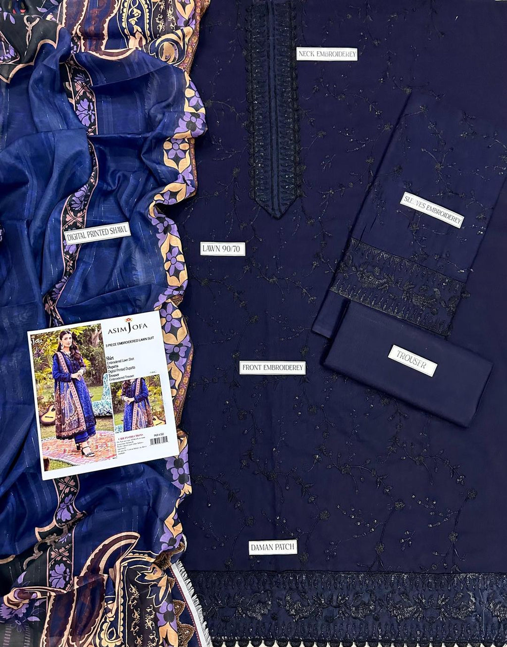 ASIM JOFA AJ-GK731 premium blue 3pc Unstitched Embroidered Suit