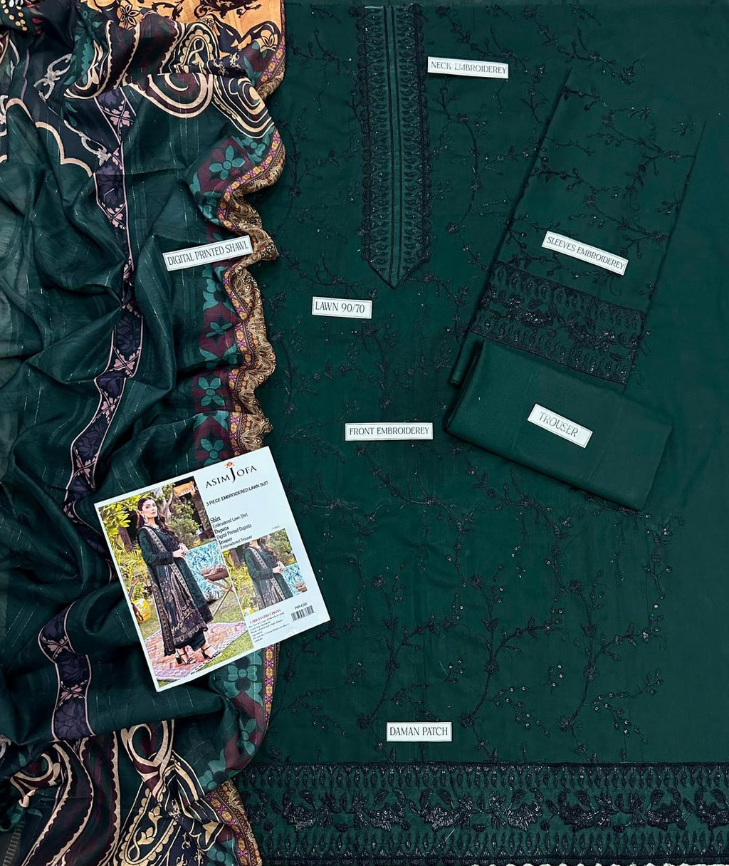 ASIM JOFA AJ-GK731 Signature Green 3pc Unstitched Embroidered Suit