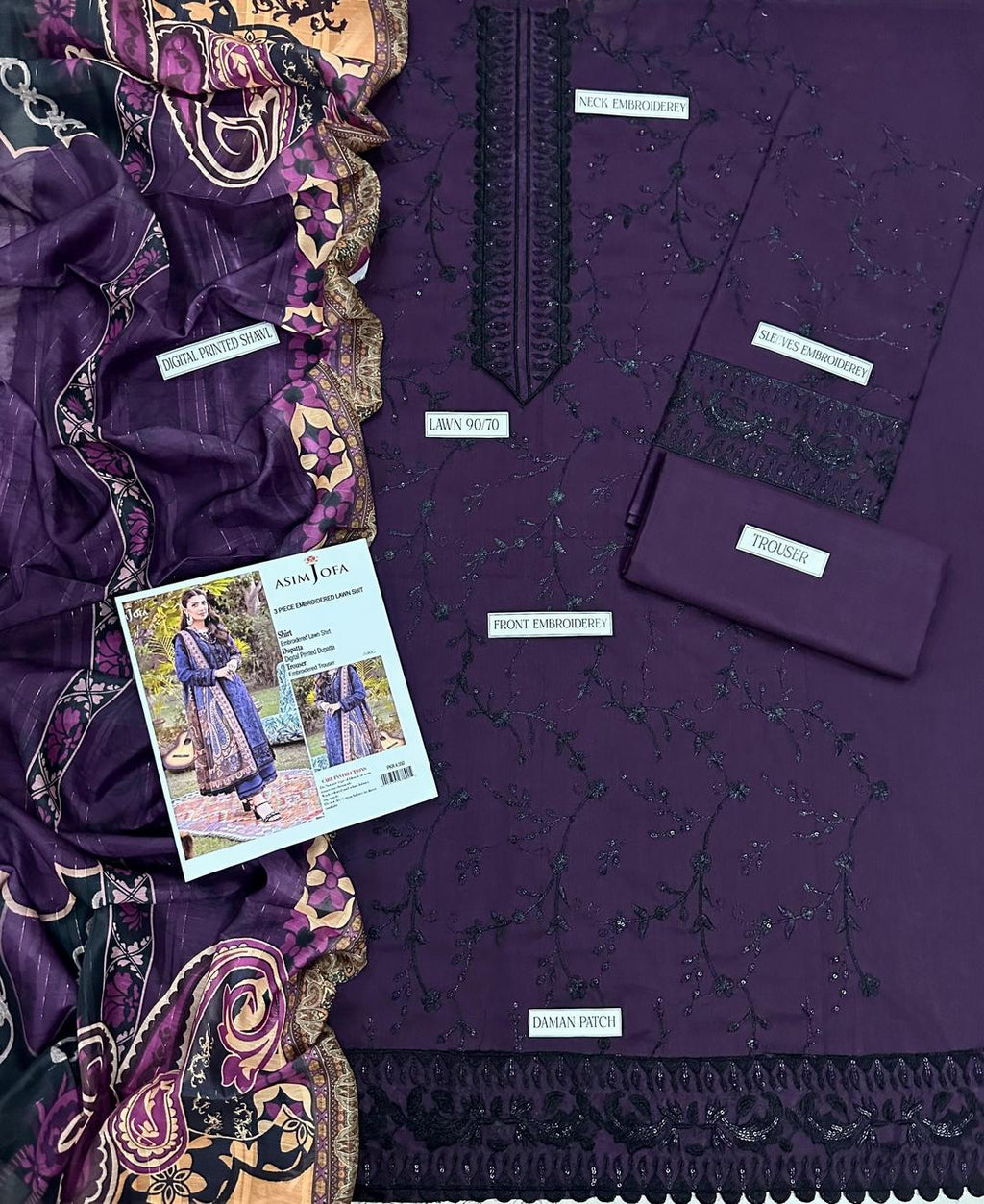 ASIM JOFA AJ-PN184 Luxury Purple 3pc Unstitched Embroidered Suit