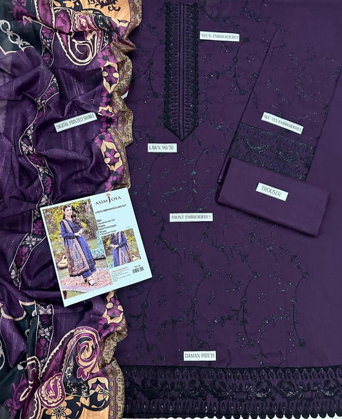 ASIM JOFA AJ-PN184 Luxury Purple 3pc Unstitched Embroidered Suit