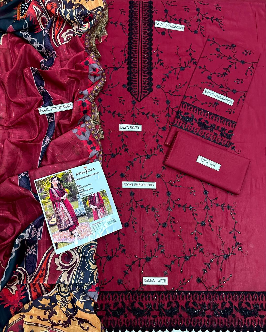 ASIM JOFA AJ-RS950 Heritage Red 3pc Unstitched Embroidered Suit