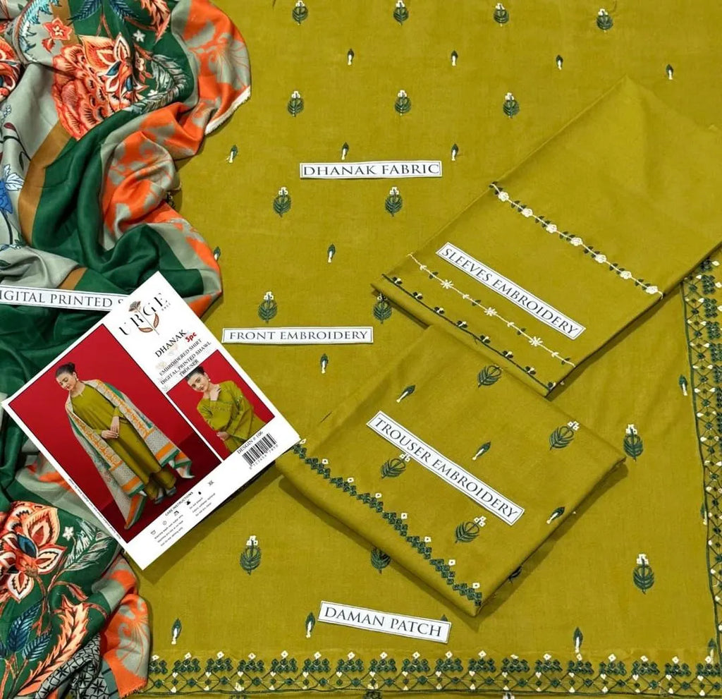QLT-337 Classic 3pc Unstitched Dhanak Embroidered Suit