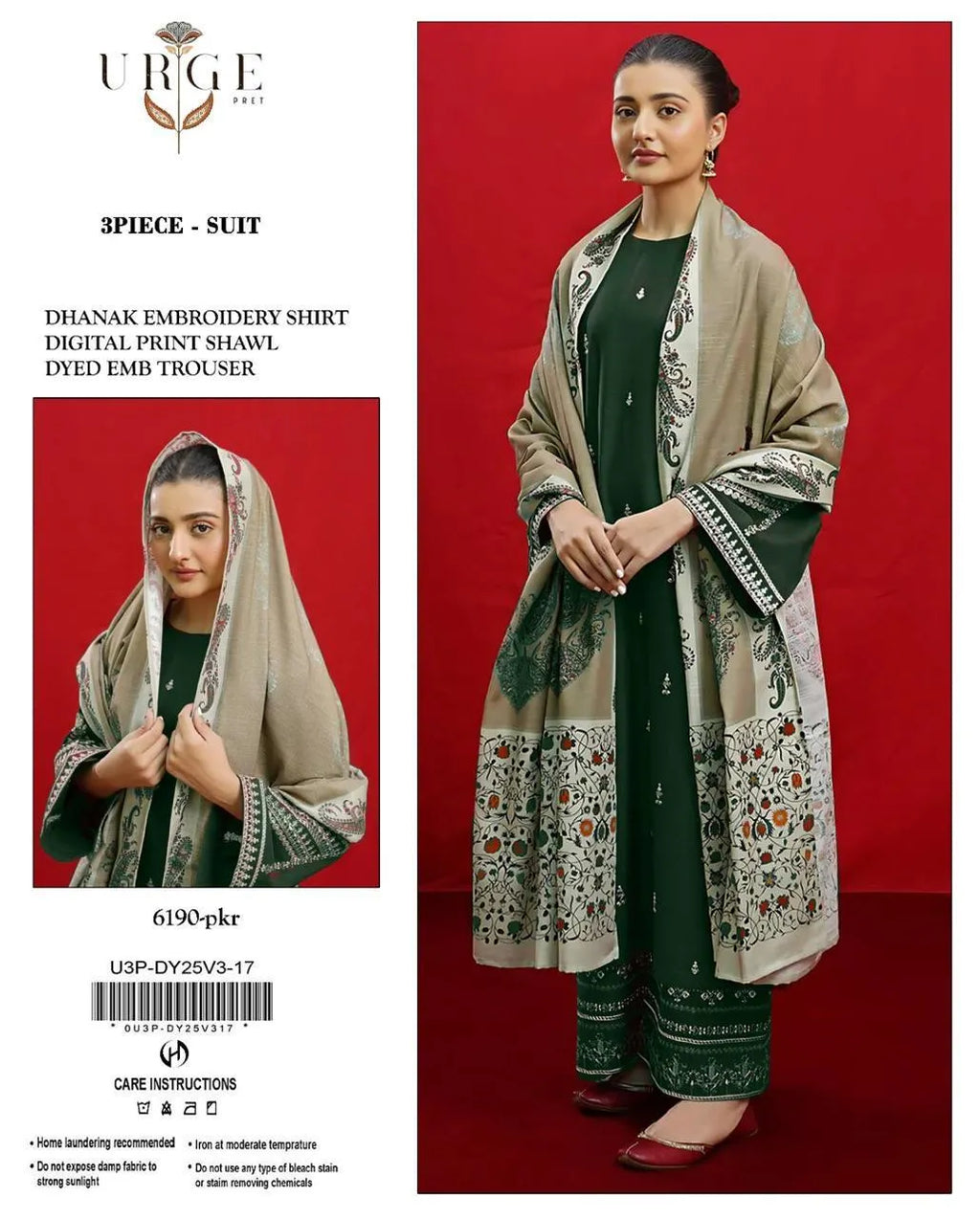 URGE BKW-143 Detailed 3pc Unstitched Dhanak Embroidered Suit