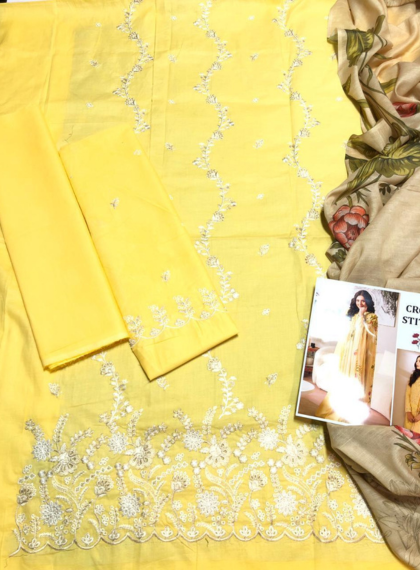 AXW-118 Classic 3pc Unstitched Dhanak embroidered suit .