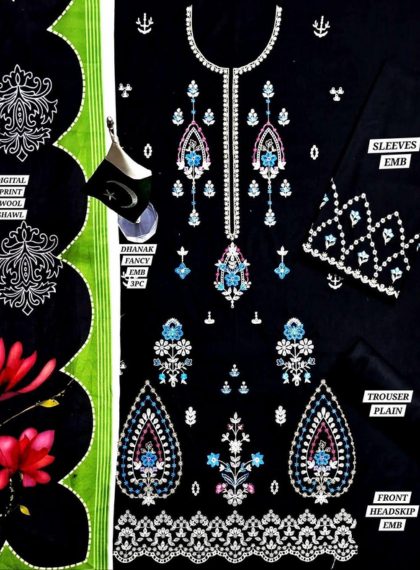 3 PCS WOMENS UNSTITCHED EMBROIDERED SUIT .