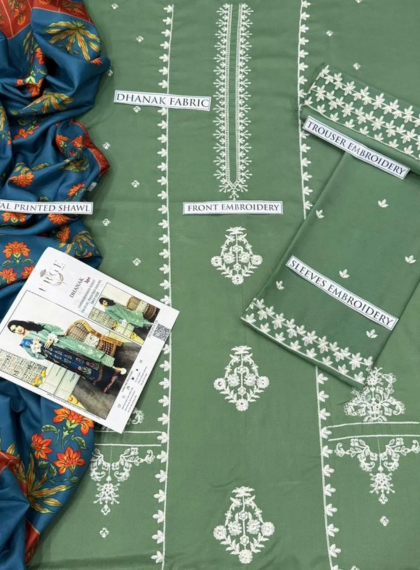 LNX-806 Elegant 3pc Unstitched Dhanak Embroidered Suit