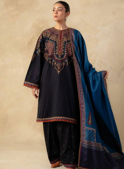 ZJW168 Winter Navy Premium 3pc Dhanak embroidered suit .