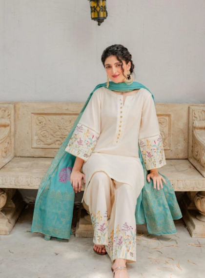Elite 507 Unstitched 3pc Dhanak embroidered suit .