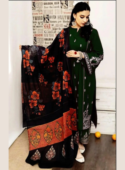 VXN-409 Elegant 3pc Unstitched embroidered suit .