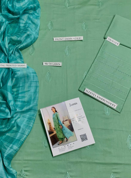 HJP-265 Designer 3pc Unstitched Dhanak embroidered suit .