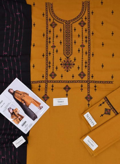 JC155 geometric Midnight 3pc Unstitched embroidered suit .