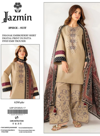 JW126 Azure 3pc Unstitched Dhanak embroidered suit .