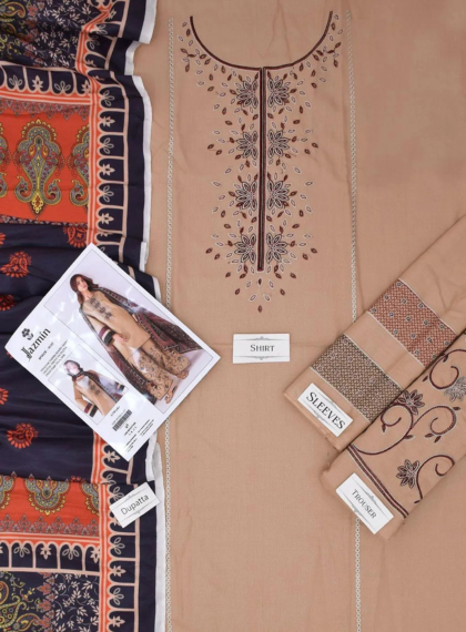 JW126 Azure 3pc Unstitched Dhanak embroidered suit .