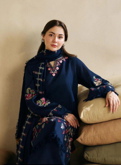 ZJW168  Navy Premium 3pc Dhanak embroidered suit .
