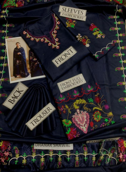 ZJW168  Navy Premium 3pc Dhanak embroidered suit .