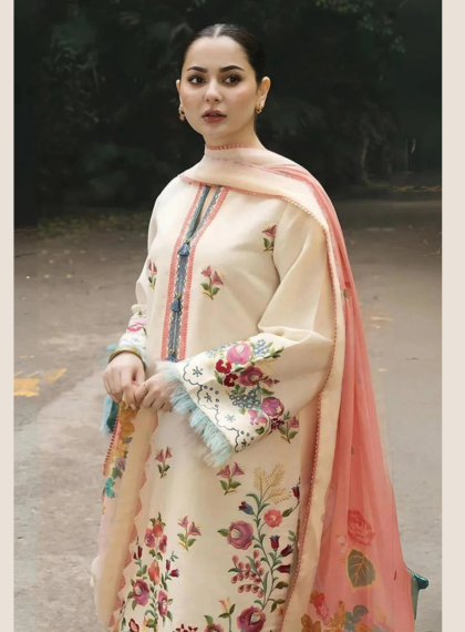 ZJW126  Azure 3pc Unstitched embroidered suit .