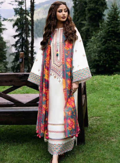 QRT-517 Luxury 3pc Unstitched Dhanak embroidered suit .