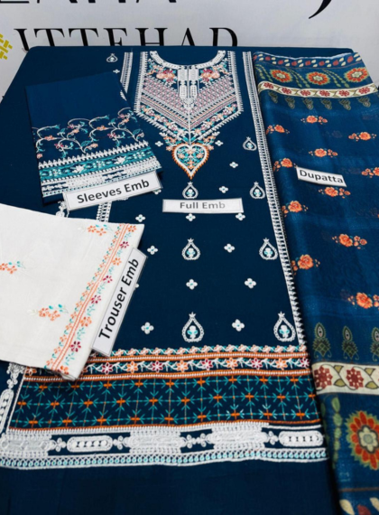 KLM-229 Luxury 3pc Unstitched Collection embroidered suit .