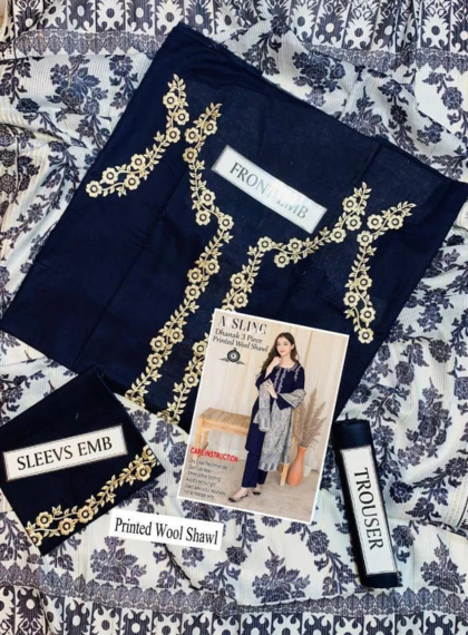 SLING AS-291 DISTINCTIVE 3PC UNSTITCHED DHANAK EMB SUIT