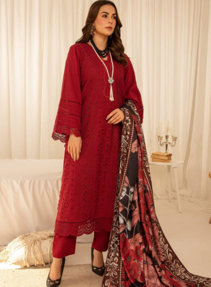 3 PCS WOMENS UNSTITCHED EMBROIDERED SUIT .