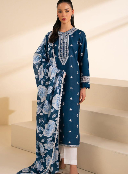 3 PCS WOMENS UNSTITCHED EMBROIDERED SUIT .