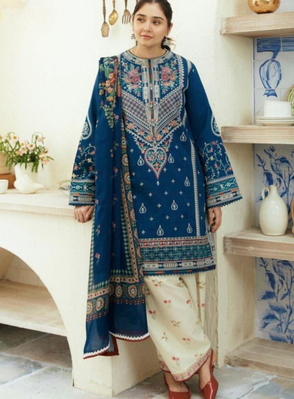 3 PCS WOMENS UNSTITCHED EMBROIDERED SUIT .