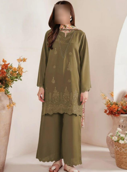 3 PCS WOMENS UNSTITCHED EMBROIDERED SUIT .