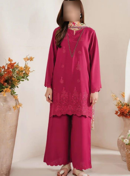 3 PCS WOMENS UNSTITCHED EMBROIDERED SUIT .