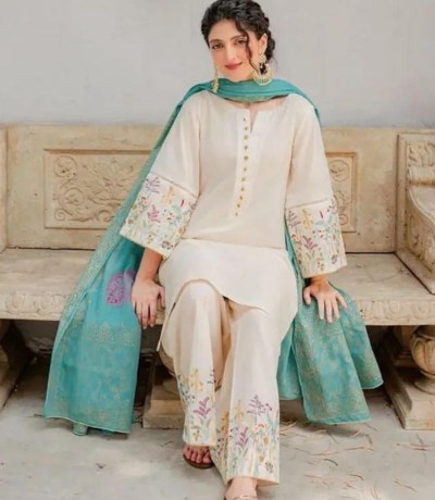 3 PCS WOMENS UNSTITCHED EMBROIDERED SUIT.