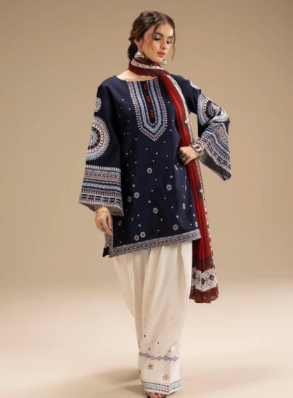 3 PCS WOMENS UNSTITCHED EMBROIDERED SUIT .