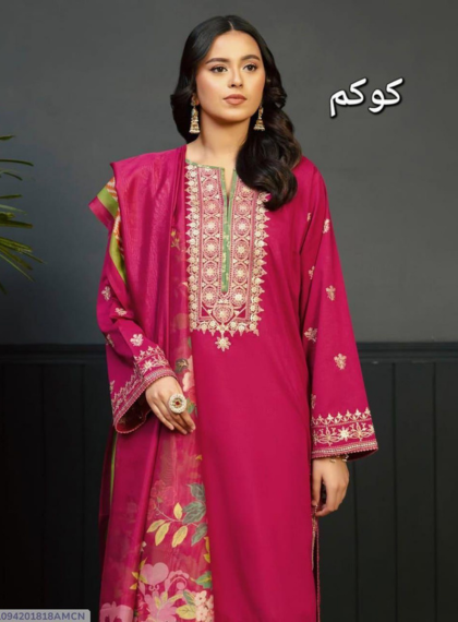 3 PCS WOMENS UNSTITCHED EMBROIDERED SUIT .