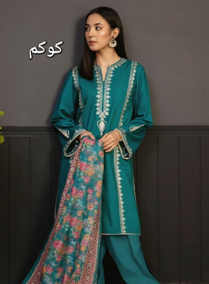 3 PCS WOMENS UNSTITCHED EMBROIDERED SUIT.