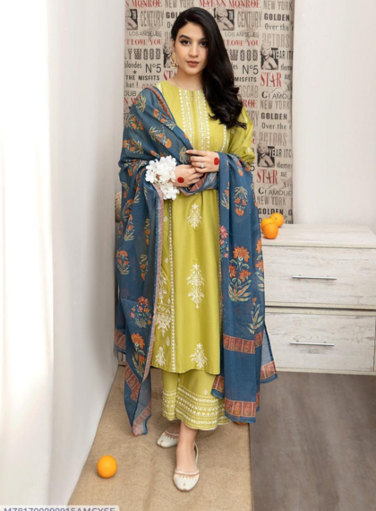 3 PCS WOMENS UNSTITCHED EMBROIDERED SUIT .